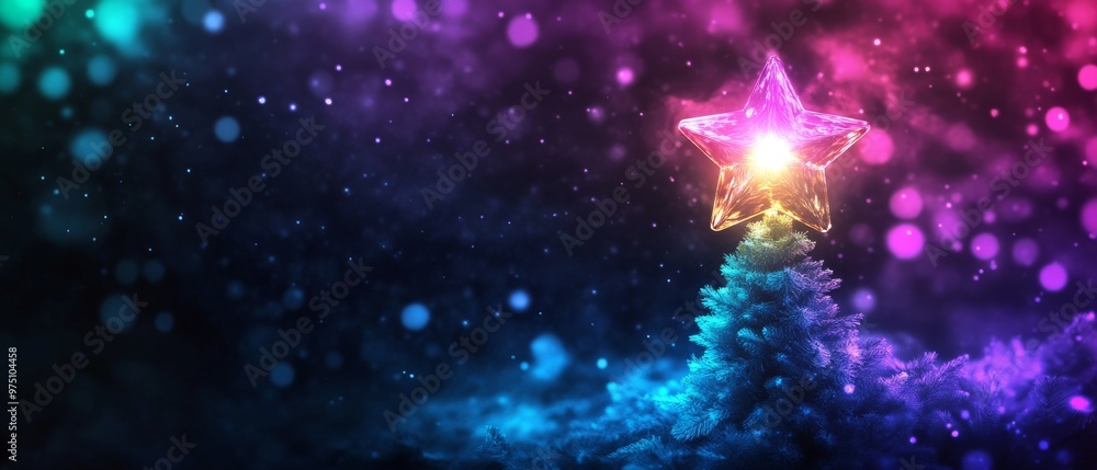 Glowing star atop a colorful Christmas tree with festive lights and abstract bokeh background, perfect for holiday themes. Glowing star atop a colorful Christmas tree with festive lights and abstract bokeh background, perfect for holiday themes.