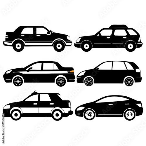 A collection of black silhouette cars arranged in various poses highlights their unique designs perfect for creative projects and illustrations