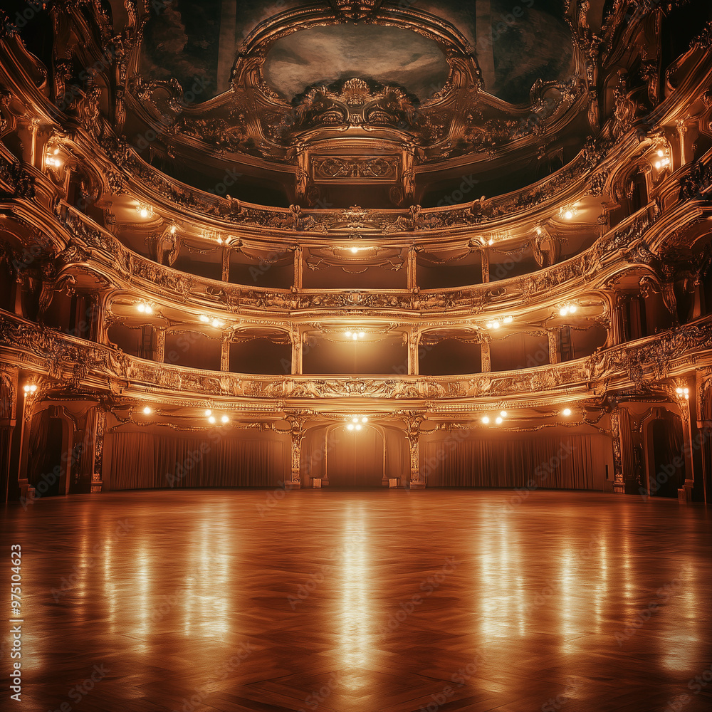 Obraz premium Grandeur in Silence: Expansive Empty Opera House with Golden Balconies