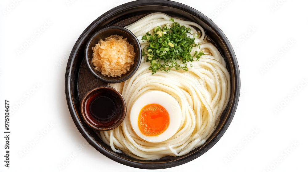 A bowl of udon noodles with a soft-boiled egg, soy sauce, and scallions. A bowl of udon noodles with a soft-boiled egg, soy sauce, and scallions.
