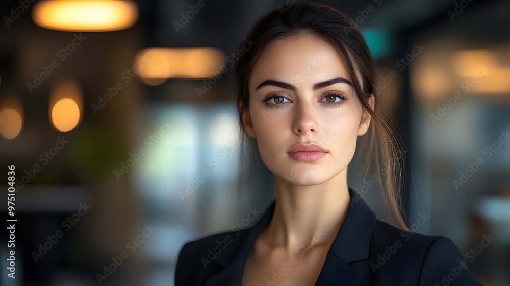 Obraz premium Close-up Portrait of a Woman with Brown Eyes and a Black Blazer