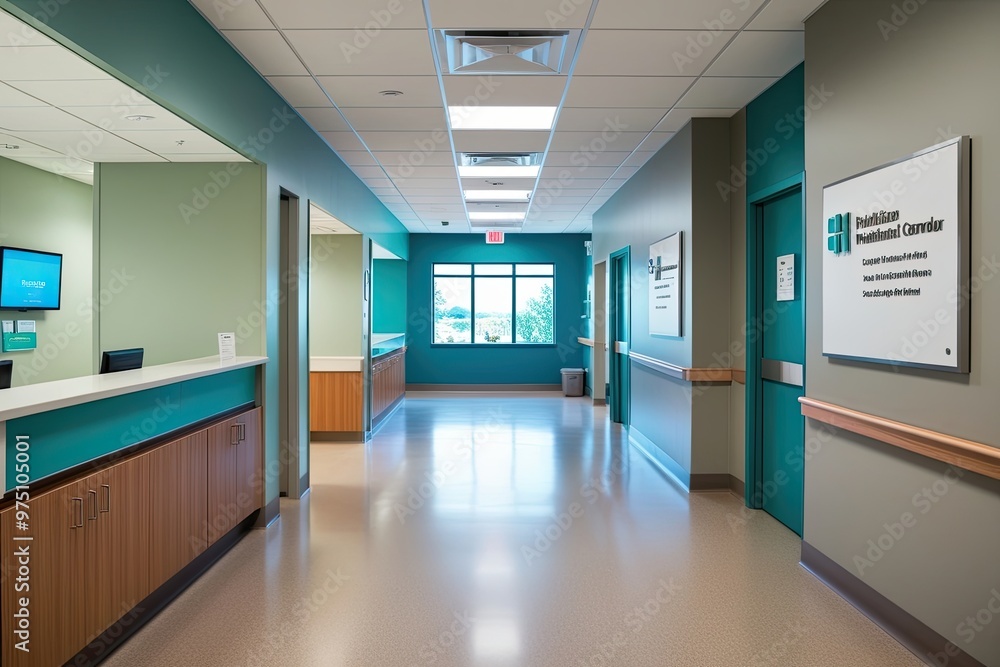 Softly Blurred Healthcare Corridor with Patient Check-In Area and Teal Illumination Softly Blurred Healthcare Corridor with Patient Check-In Area and Teal Illumination