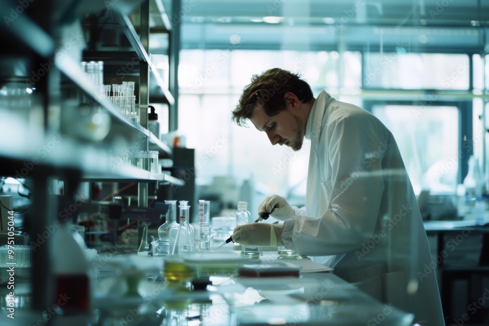 An earnest scientist works diligently in a laboratory setting, focusing on precise measurements amidst shelves filled with glassware and various lab equipment. An earnest scientist works diligently in a laboratory setting, focusing on precise measurements amidst shelves filled with glassware and various lab equipment.