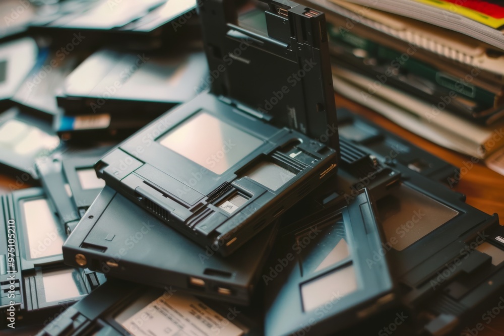 An assortment of stacked floppy disks creates a nostalgic scene filled with the technology of a bygone era, showcasing varying types and sizes. An assortment of stacked floppy disks creates a nostalgic scene filled with the technology of a bygone era, showcasing varying types and sizes.