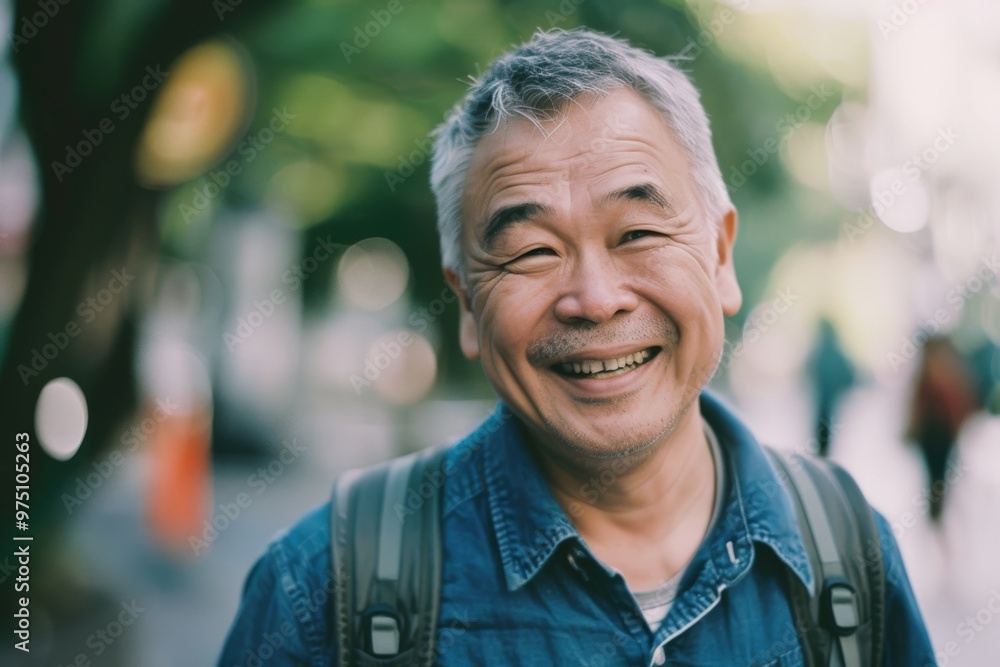 An older man with gray hair and a joyful smile stands outdoors, exuding warmth and contentment amidst a blurred city background. An older man with gray hair and a joyful smile stands outdoors, exuding warmth and contentment amidst a blurred city background.