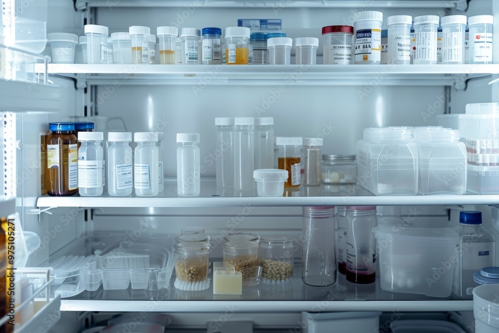Well-organized medical refrigerator shelves filled with labeled ...