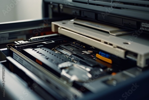 A close-up view inside a high-tech printer or copier reveals the intricate mechanical components and precision engineering involved.