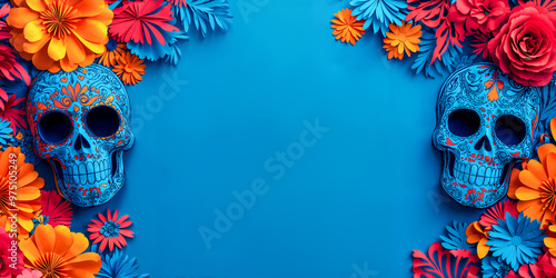 Day of the Dead cut paper sugar skulls calacas on blue background with copyspace, wide banner, empty space