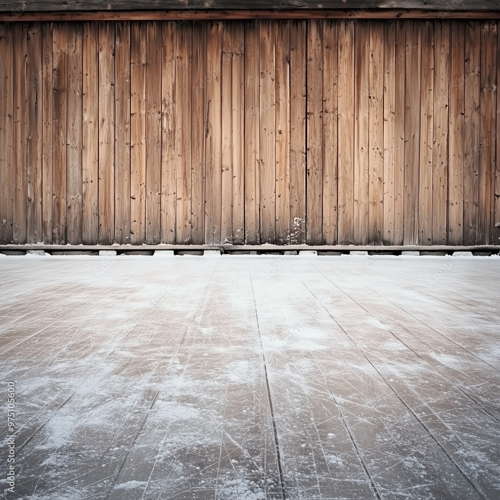 Desolate Ice Rink: Wide and Open, Enclosed by Wooden Barriers Desolate Ice Rink: Wide and Open, Enclosed by Wooden Barriers