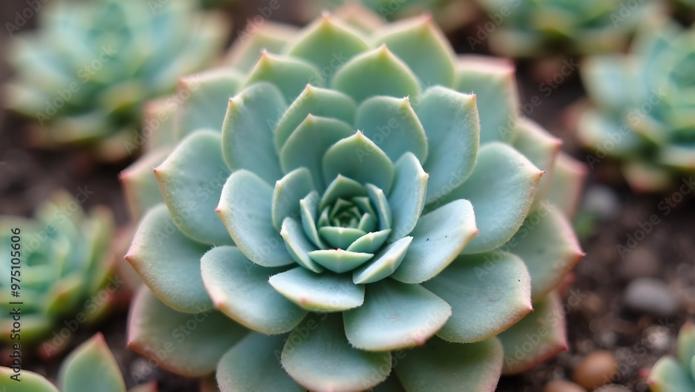 Vibrant succulent spiral with pink edges in garden bed Vibrant succulent spiral with pink edges in garden bed