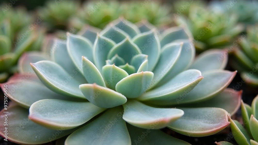 Fototapeta premium Vibrant succulent spiral with pink edges in garden bed