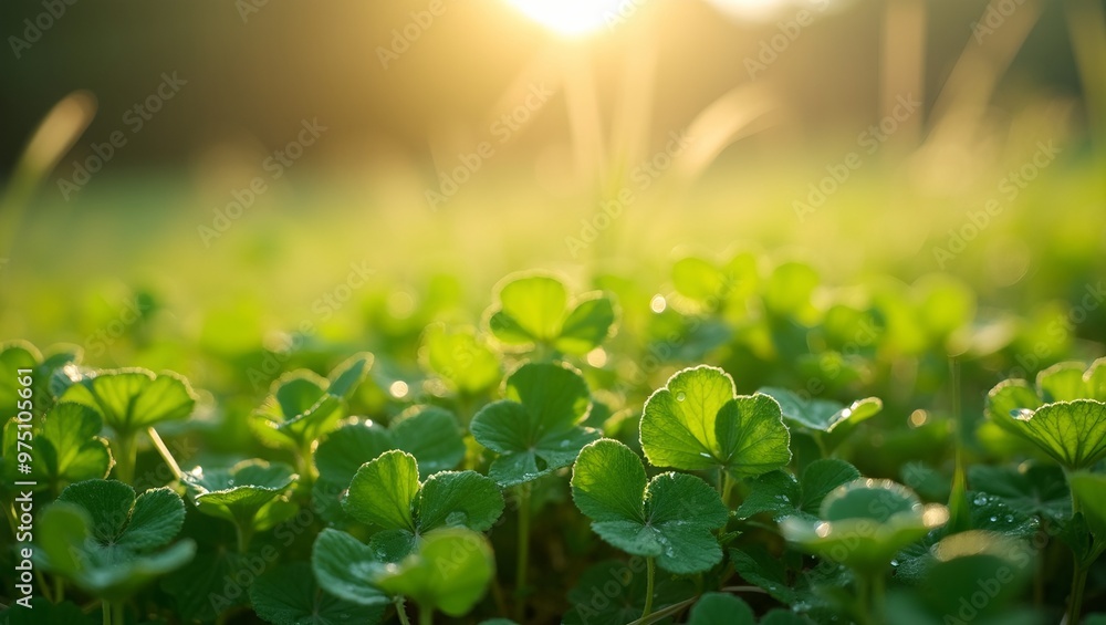 Lush clover patch with dew drops in sunlit meadow Lush clover patch with dew drops in sunlit meadow