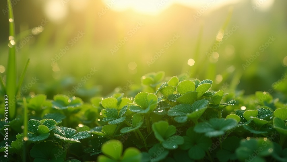 Lush clover patch with dew drops in sunlit meadow Lush clover patch with dew drops in sunlit meadow