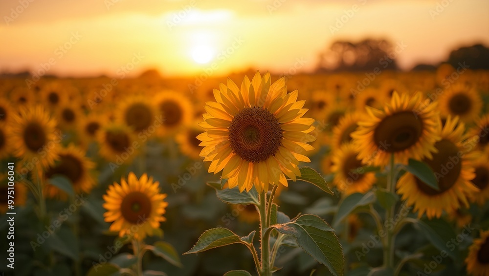 Fototapeta premium Tranquil sunflower field at sunset with golden light and sunflowers facing the sun