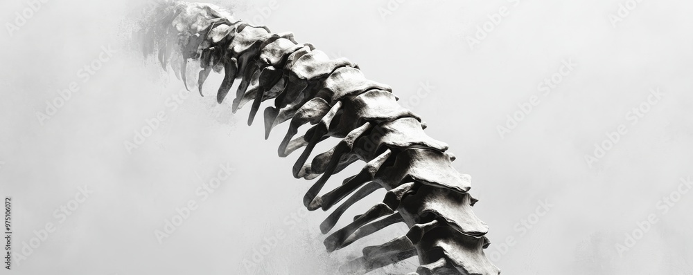 Dinosaur spine fossil against misty background, prehistoric anatomy concept Dinosaur spine fossil against misty background, prehistoric anatomy concept