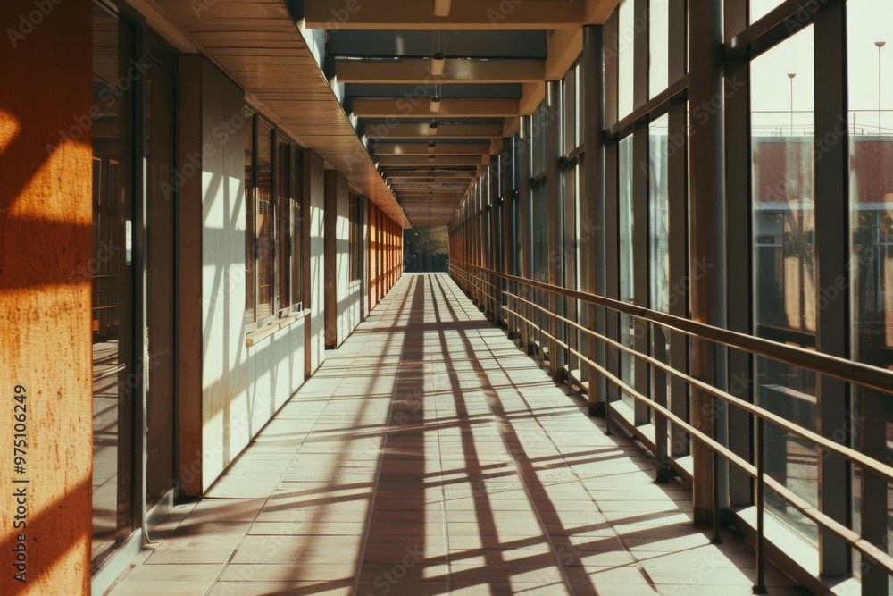 A sunlit corridor with intersecting shadows from floor-to-ceiling windows, creating a pattern of lines and inviting a sense of journey. A sunlit corridor with intersecting shadows from floor-to-ceiling windows, creating a pattern of lines and inviting a sense of journey.