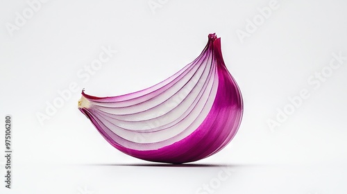  Purple onion on white background with light reflections on bottom & top of onion, centered