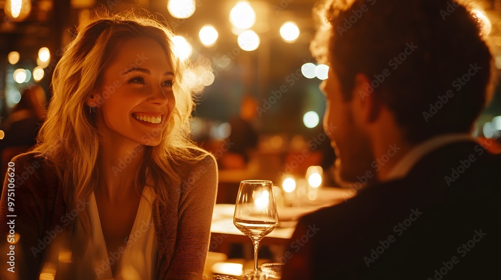 Woman smiling and looking at a man while seated at a restaurant table with a glass of wine. Woman smiling and looking at a man while seated at a restaurant table with a glass of wine.