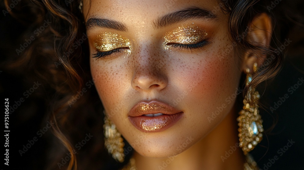this Fashion model with golden makeup, hair, and jewelry against a black background. this Fashion model with golden makeup, hair, and jewelry against a black background.