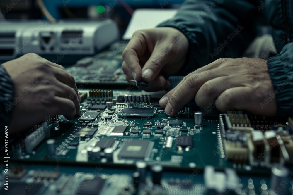Close-up of hands working meticulously on an electronic circuit board, illustrating precision and technological expertise. Close-up of hands working meticulously on an electronic circuit board, illustrating precision and technological expertise.
