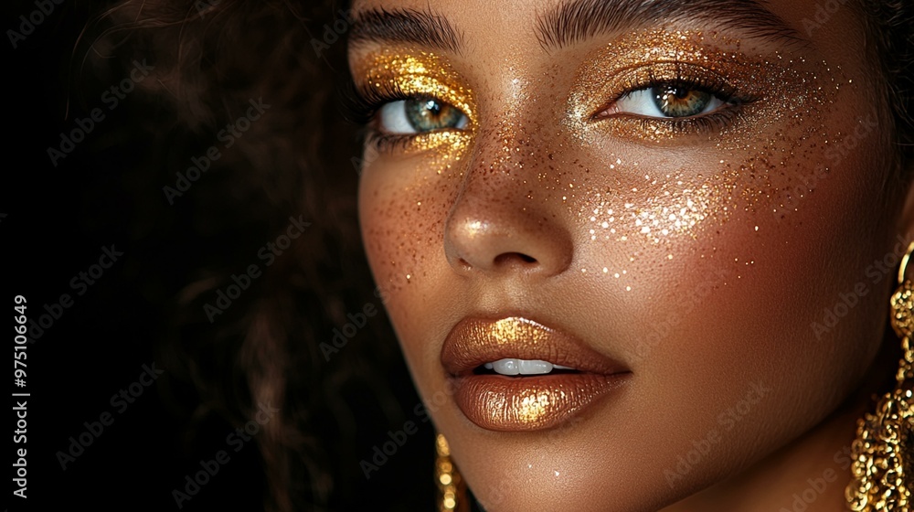 an Fashion model with golden makeup, hair, and jewelry against a black background. an Fashion model with golden makeup, hair, and jewelry against a black background.
