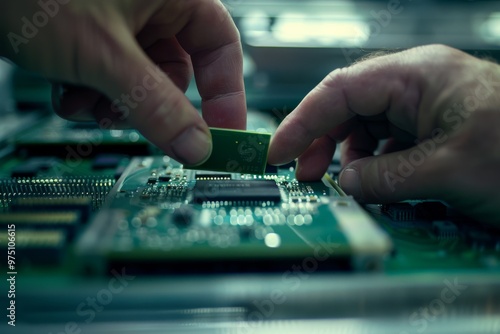 Close-up of hands meticulously working on electronic components, showcasing precision and focus in technology and engineering. photo