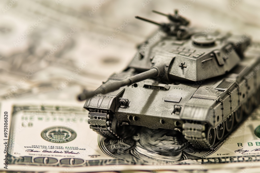 A model tank rests on American currency, symbolizing the economic implications of military spending and defense. A model tank rests on American currency, symbolizing the economic implications of military spending and defense.