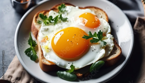 Toast with fried eggs and herbs, ai