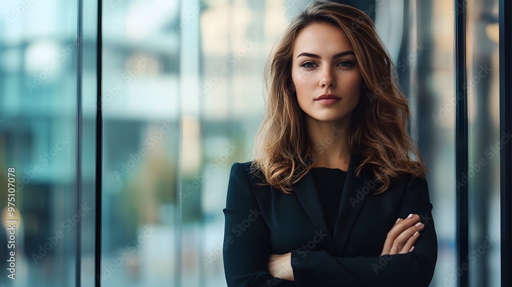 Confident Woman in Black Blazer Standing by Window Confident Woman in Black Blazer Standing by Window