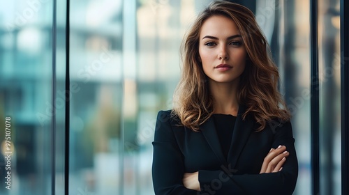 Confident Woman in Black Blazer Standing by Window