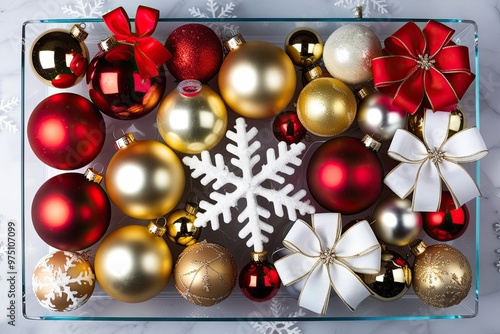 A Picturesque Assortment of Colorful Red, Gold, and Frosted Ornaments with Chic White Ribbons and Classic Bows in a Festive Snowflake Design on a Clear Background