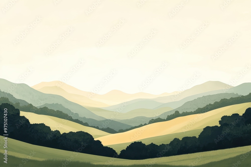 Fototapeta premium A Scenic View of Rolling Hills and Lush Greenery under a Pale Sky