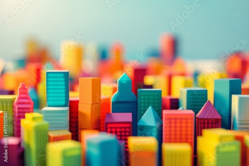 Colorful plastic blocks placed together to form a miniature model of a vibrant and bustling city, showcasing diversity in design and creativity.