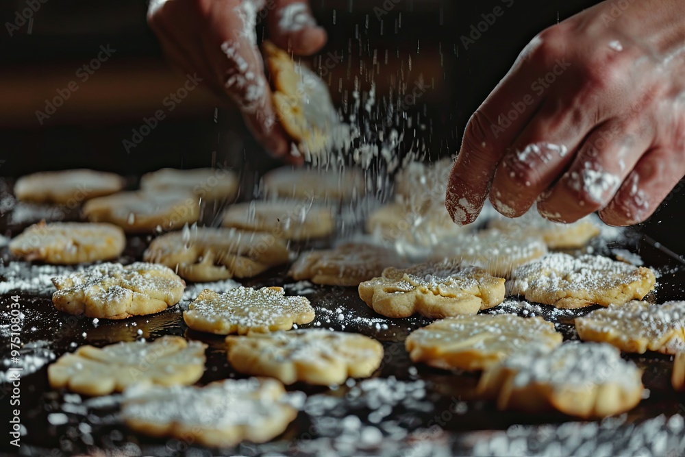 Baking homemade cookies with hands on dark background. Baking homemade cookies with hands on dark background.