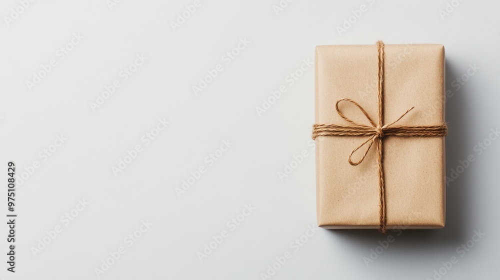 Gift box with brown paper and twine ribbon on white background. Minimalist celebration concept Gift box with brown paper and twine ribbon on white background. Minimalist celebration concept