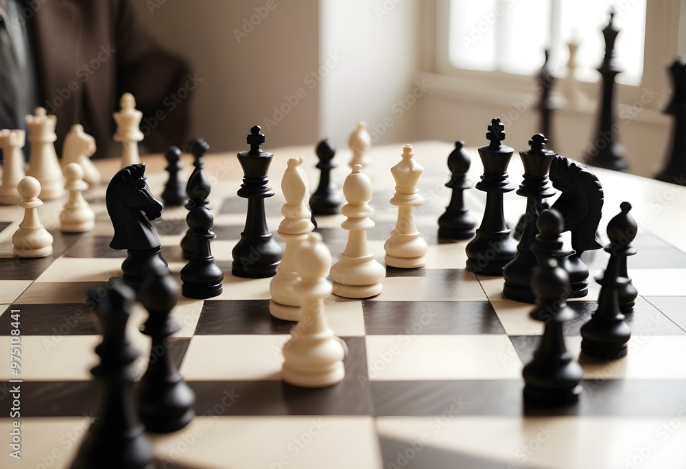 A chess board with white and black chess pieces, with the black king and pawns in the foreground and the white pieces in the background A chess board with white and black chess pieces, with the black king and pawns in the foreground and the white pieces in the background