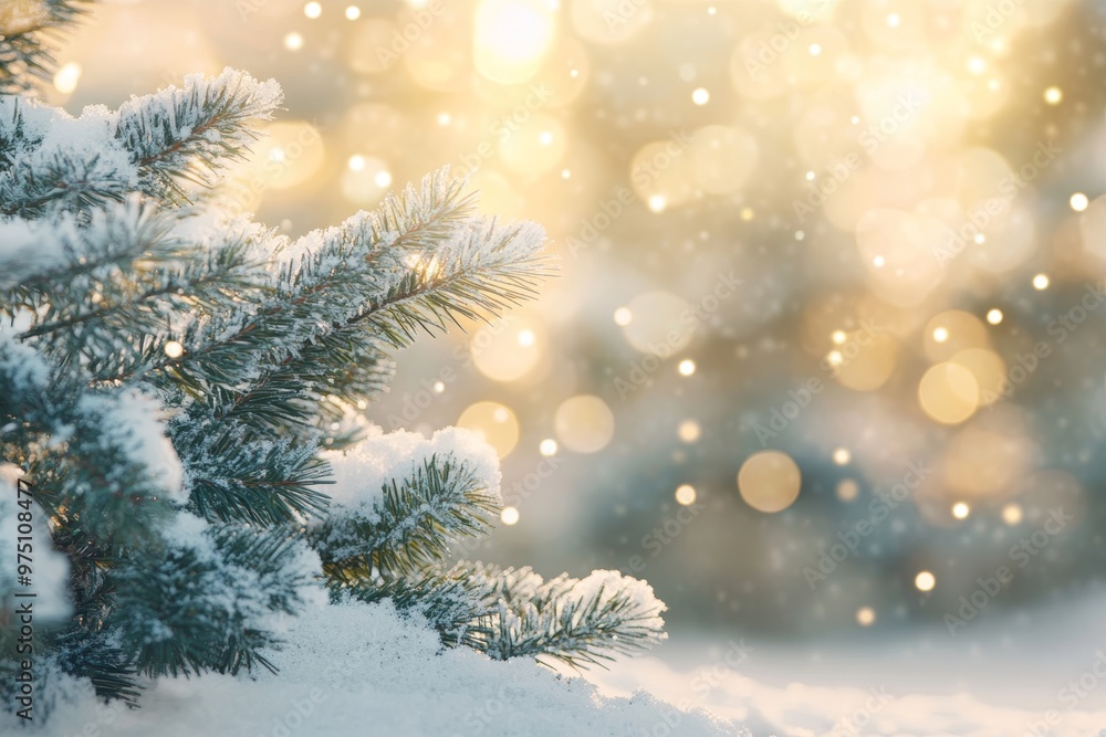 Charming winter scene featuring snowy fir trees and bokeh lights for a festive christmas card Charming winter scene featuring snowy fir trees and bokeh lights for a festive christmas card