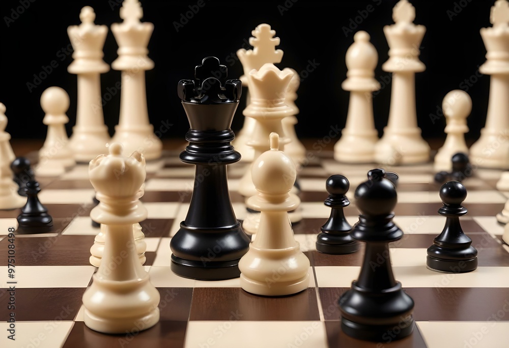 A chess board with white and black chess pieces, with the black king and pawns in the foreground and the white pieces in the background A chess board with white and black chess pieces, with the black king and pawns in the foreground and the white pieces in the background