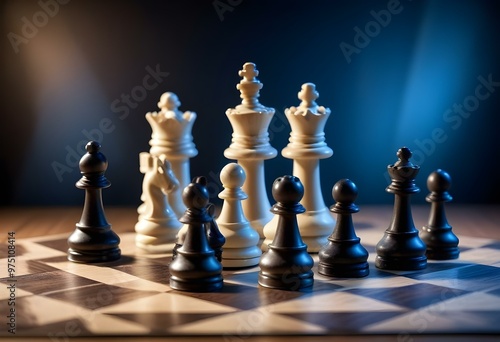 A chess board with white and black chess pieces, with the black king and pawns in the foreground and the white pieces in the background