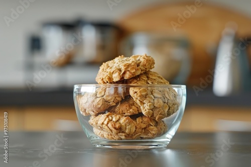 Glass bowl with tasty  sweet oat cookie photo