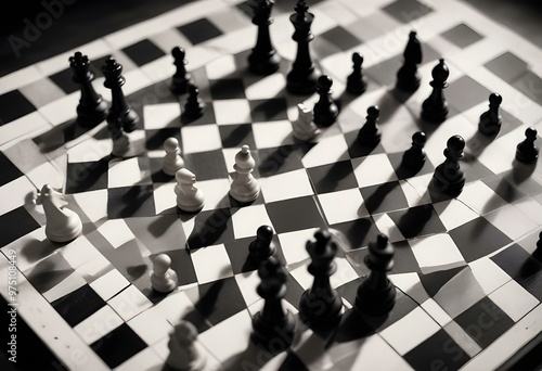 A chess board with white and black chess pieces, with the black king and pawns in the foreground and the white pieces in the background