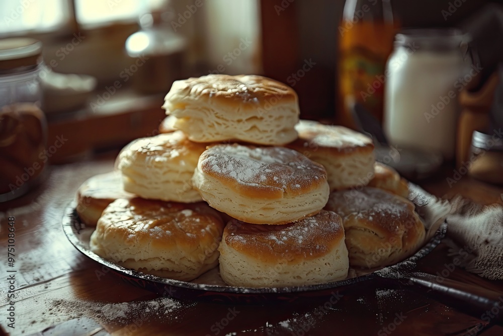 Home made biscuits on a rustic pan and wooden table. Cozy old style in the kitchen. Home made biscuits on a rustic pan and wooden table. Cozy old style in the kitchen.
