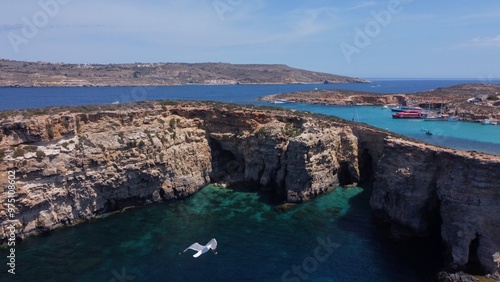 Aerial view of the sea caves of Cominotto uninhabited island near Comino, Maltese islands. Seagull flying in the frame. High quality photo