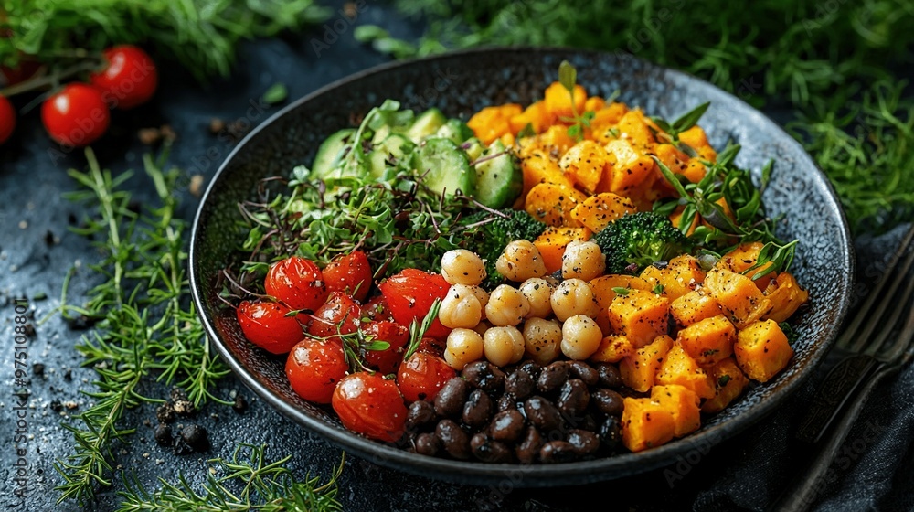 A plate with broccoli, beans, tomatoes & cucumbers A plate with broccoli, beans, tomatoes & cucumbers