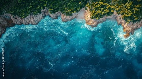 an Aerial view of sea waves crashing against a rocky coast in Montenegro.