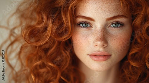 the Beautiful model with long red curly hair, showcasing hair care and beauty products.