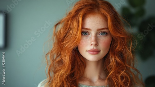 a Beautiful model with long red curly hair, showcasing hair care and beauty products.