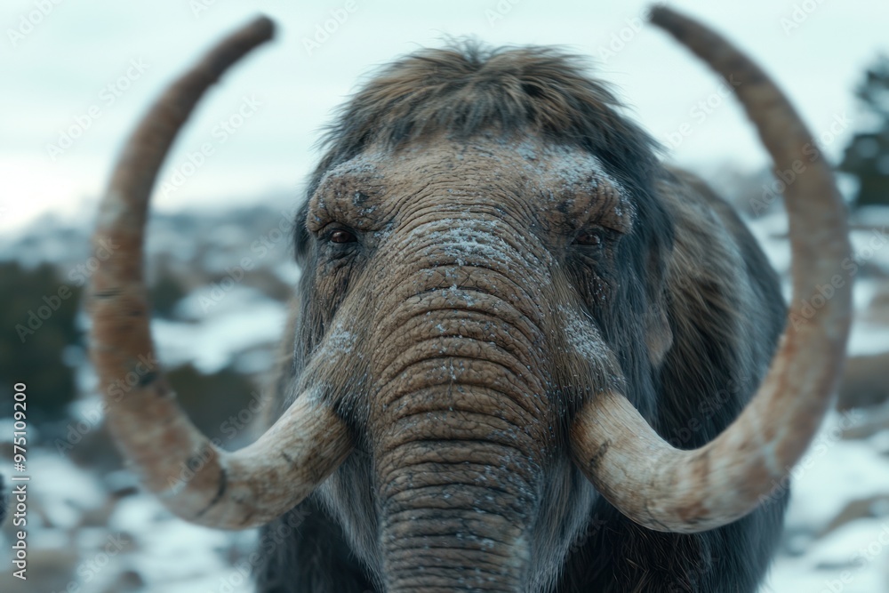 Obraz premium Mammoth portrait: A detailed portrait of a mammoth, showcasing the prehistoric creature's distinctive features and majestic presence, bringing to life the grandeur of ancient ice age wildlife