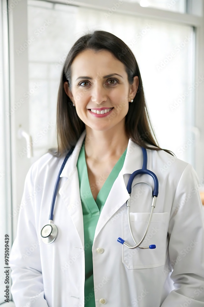 Smiling female doctor with stethoscope in white coat and green scrubs in medical office Smiling female doctor with stethoscope in white coat and green scrubs in medical office