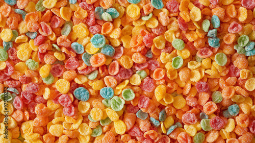 a seamless pattern of a close-up, high-resolution photograph, top-down view of fruity pebbles cereal, filling the entire frame with a focus on the intricate details of the elements